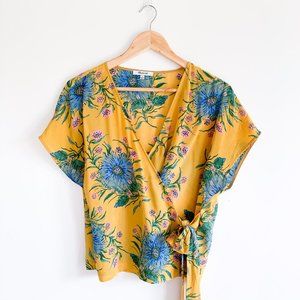 Madewell Yellow Silk Floral Wrap Top Blouse